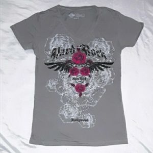 Hard Rock Cafe Hollywood Gray Pink Black T-Shirt XS